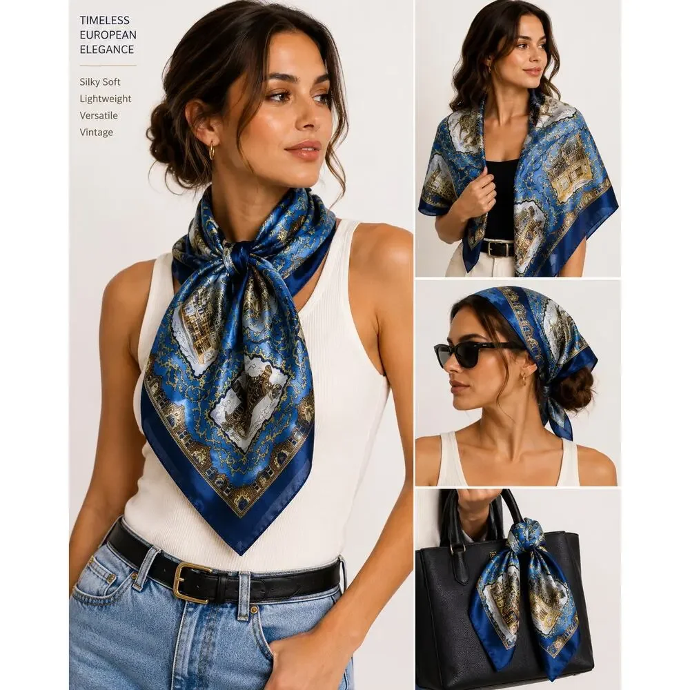 Vintage Blue European Landmark Scarf Baroque Satin Souvenir Scarf Italy Paris